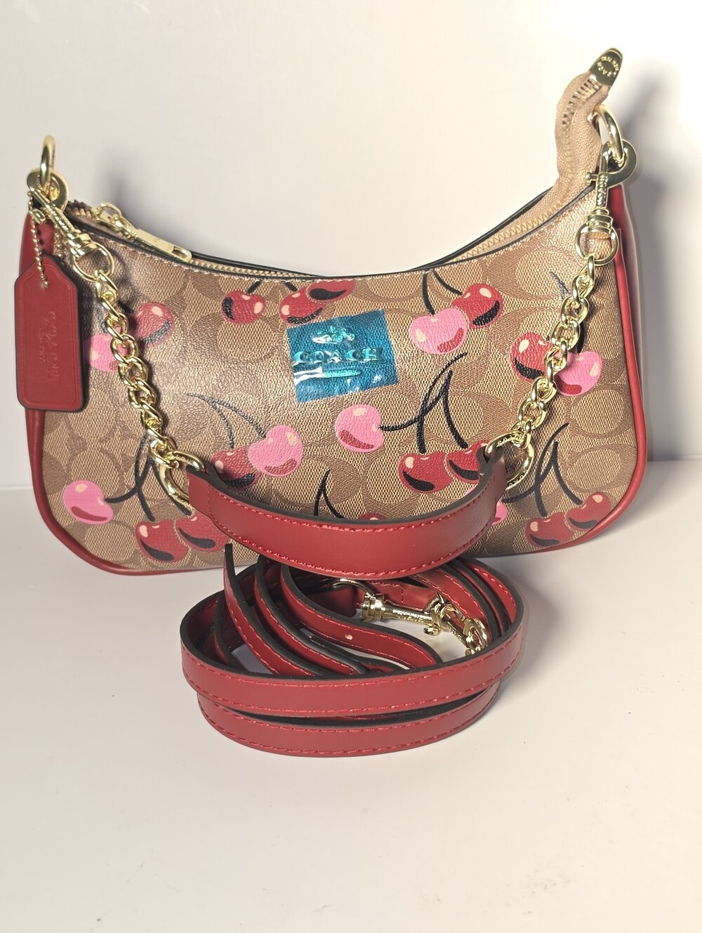 Coach Cherry-Print Mini Shoulder Bag in Red and Pink